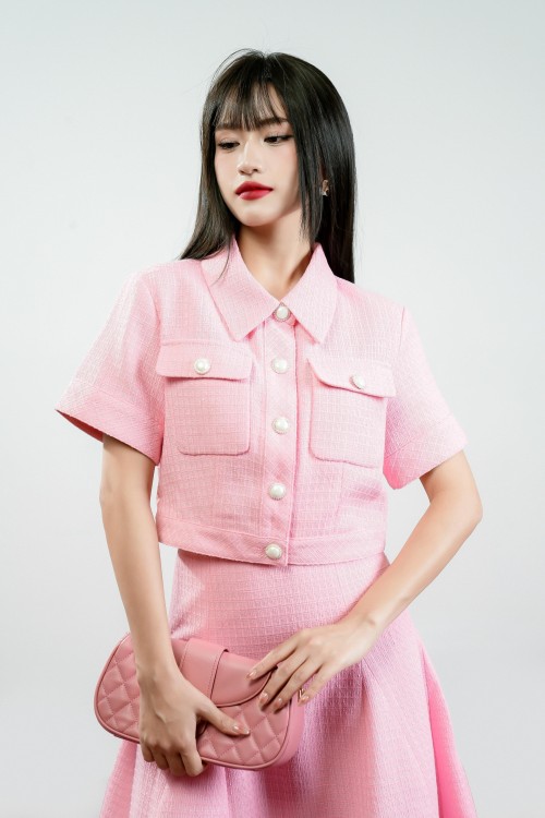 Sixdo Pink Short Sleeves Tweed Shirt